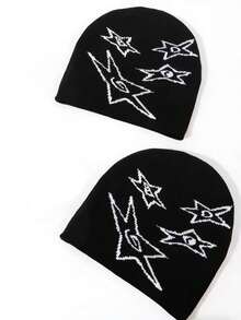 1 件女式黑星针织帽，时尚有弹性的秋季配饰 - 黑色 - 查看 13