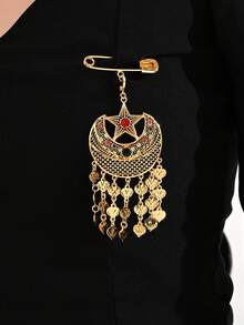 Luxury Gold-Tone Crescent Tassel Brooch For Women – Middle Eastern Vintage Pendant Design, Fade-Resistant Elegant Jewelry For Party & Festival - Golden Star and Moon Brooch - View 7