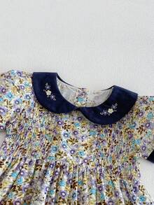 Miniweenns 1件女婴休闲碎花拼接领刺绣短袖连衣裙，夏季 - 藏蓝色 - 查看 4