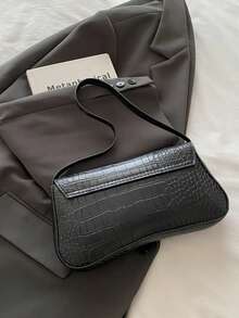 Niche Baguette Bag, Women's Underarm Bag, Crocodile Embossed, Korean Minimalist Versatile Shoulder Bag - Black - View 9