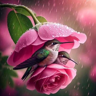 新款5D DIY钻石画套装 - 雨中蜂鸟与玫瑰，全圆钻马赛克艺术品，创意家居办公墙面装饰