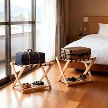 HopeFamily 折りたたみ式 木製 2脚セット ラゲッジラック 2段収納 省スペース 幅広設計 幅64cm×奥行き39cm×高さ58cm スーツケース・キャリーケース・靴・小物置き場 バケージスタンド スーツケース台 荷物置き ホテル 玄関 ナチュラル - 写真の通り - チェックする 3