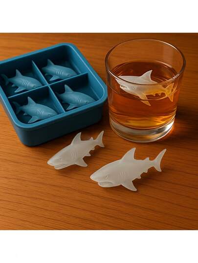 四格鲨鱼造型硅胶冰格，不粘硅胶模具，适用于制作冰块、巧克力和饼干，创意厨房派对模具，甜点爱好者的必备品