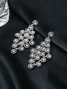 一对时尚简约优雅圆形水钻流苏吊坠耳环，百搭欧式风格 - 彩色 - 查看 3