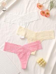 3条装女士性感蕾丝边无缝纯棉丁字裤 - 彩色 - 查看 2