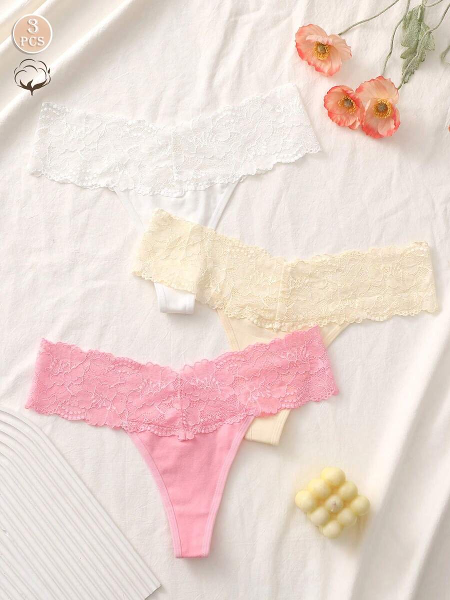 3条装女士性感蕾丝边无缝纯棉丁字裤