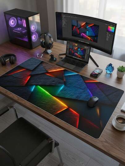 大尺寸鼠标垫，防水防滑光滑布面，炫彩几何电竞图案，也可作键盘垫、桌面垫或书架使用，是游戏玩家、办公室和宿舍的理想之选，兼容鼠标和轨迹球，是送给游戏玩家的绝佳礼物。