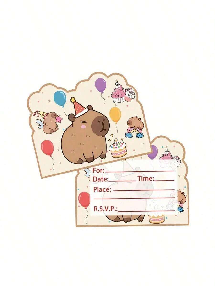 Tarjeta de invitación a fiesta con tema de capibara adorable, invitación de cumpleaños de capibara, invitación a fiesta con tema animal, adecuada para fiesta de cumpleaños, tarjeta de agradecimiento, tarjeta de regalo especial - Multicolor - Ver 1