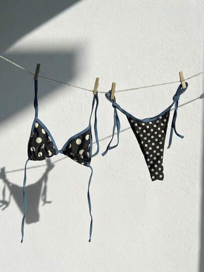 Swim Mod Bohemian Beach Vacation Bikini Two Pieces Set, Coffee & Beige Polka Dot With Contrast Tie Design