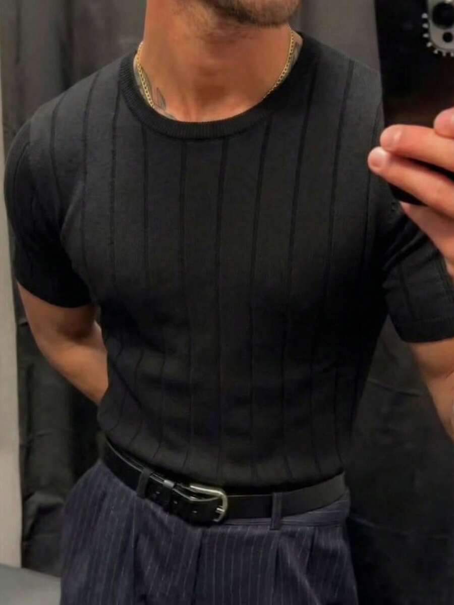 Men's Ribbed Crew Neck Short Sleeve Knit Sweater, Spring/Summer - Black - View 1