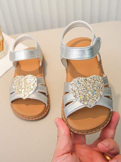 Girls' Silver Glitter Heart-Shaped Open Toe Ankle Strap Princess Sandals
