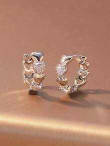 Hihho 1对时尚优雅简约闪亮锆石镶嵌心形耳环，心形拼接独特珠宝耳环，情人节派对女孩礼物 - 耳圈 - 查看 5