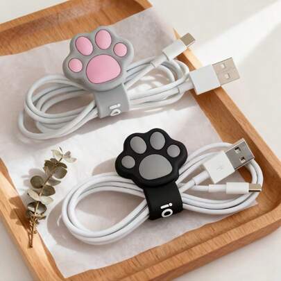 2pcs Cartoon Cat Paw Shaped Cable Organizer, Suitable For Earphones, Charging Cables, Portable & Practical, Spiral Design, Delicate & Compact