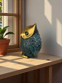 蓝绿色和金色猫头鹰摆件，适合波西米亚风格家居装饰——树脂雕像，可摆放在架子、书桌和桌面上作为点缀 - 藍金色貓頭鷹 - 查看 3