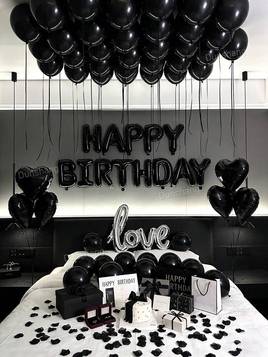 30/56/58件組黑色哥德風生日氣球套組－500片黑色人造花瓣＋16英吋Happy Birthday橫幅＋6個18英吋愛心鋁箔氣球＋Love鋁箔氣球＋乳膠氣球，適合生日派對、浪漫臥室裝飾、午夜驚喜