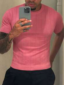 Jersey de punto de cuello redondo de manga corta con costillas para hombre, primavera/verano - Rosa - Ver 3