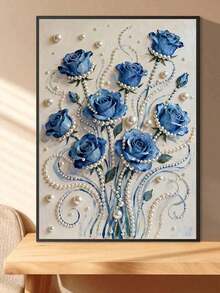 1pc DIY Blue Rose Pearl Painting, 5D Handmade Diamond Painting Set, Frameless Art Embroidery Cross Stitch Diamond Painting, DIY Art Craft Wall Decoration Painting, Special Pearl Diamond Design To Make The Picture More Vivid And Three-Dimensional - Cartoon - View 5
