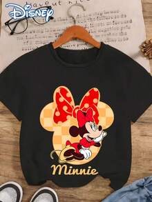Disney Licensed! Polka Dot Bow Minnie Mouse Print Women's T-Shirt, Casual And Stylish Round Neck Short-Sleeved Summer Top, Youthful And Preppy Cartoon Sweatshirt, Perfect For Outdoor And Everyday Casual Wear. - 黑色 - 查看 2