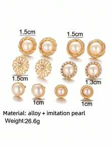 12件套优雅圆形仿珍珠简约奢华休闲耳环套装，高性价比首饰套装，时尚耳环配饰 - 米色 - 查看 4