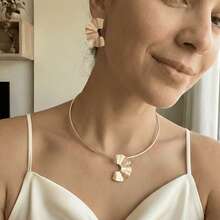 Gold And Silver Plated Choker And Fan Style Earrings Set - Fashion Accessory - Gold - View 3