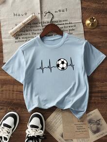 Camiseta de manga corta de cuello redondo con estampado informal para niños preadolescentes, top de verano - Celeste - Ver 3