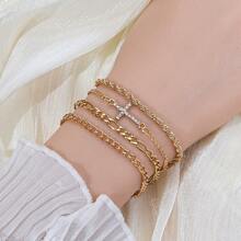 4条欧美金属风格合金水钻十字编织链手链，适合女性佩戴 - 十字架 - 查看 3