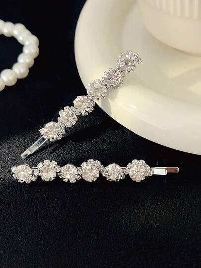 2pcs Rhinestone One-Piece Bangs Clip, Chic Side Clip, Crystal Sunflower Hair Accessories, Hairpin, Bobby Pins