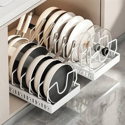 Stainless Steel Cookware & Pan Organizer Rack With Pull-Out Lid Storage Box, Suitable For All Seasons, Designed For Under Cabinet Installation, Adjustable Dividers For Kitchen Cabinets And Baking Supplies