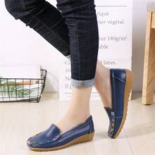 New Comfortable Soft Sole Loafers For Women, Leather Upper, Wedge Or Flat, Casual Slip-On Shoes In Multiple Colors, Suitable For All Seasons - Deep Blue - View 2