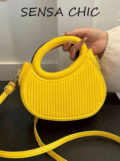 Classic Minimalist Design Gentle Lady Commute/Date Shoulder Crossbody Bag Striped Embossed Handbag Fashionable Round Crossbody Bag Women's Dual Handle Novelty Wallet Fashionable Cream Yellow Women Bag