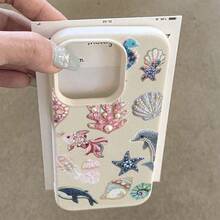 1pc New Fashion Faux Pearl Embroidery Coral Pink Fish & Starfish Combination Pattern Litchi Texture Anti-Drop TPU Phone Case - Antique White - View 1