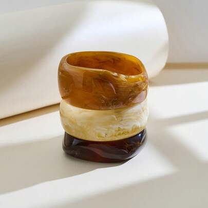3pcs Women's Retro Tortoiseshell Resin Bangle Set, Wide Cuff Bracelet, Acrylic High-End Jewelry