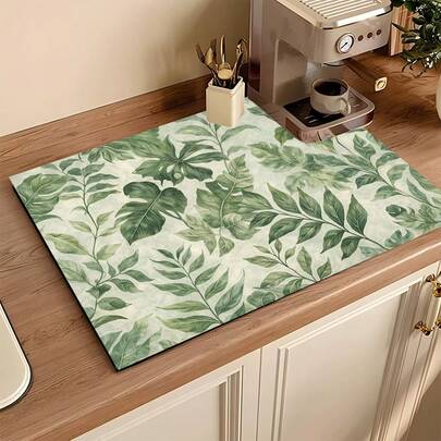 1片吸水沥水垫，厨房装饰绿叶图案咖啡机垫，手工咖啡壶沥水垫，厨房地垫，餐桌垫，厨房台面沥水垫，早餐垫，防滑耐热沥水垫，硅藻土沥水垫，遮盖污渍，超强吸水厨房垫，易清洁碗碟架垫，适用于厨房、餐桌、咖啡店、酒吧、节日、派对、家居装饰、节日礼物