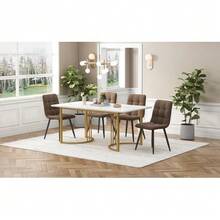 Dining Set (5 Pieces), Table And 4 Chairs, Modern Kitchen Set, 140*80cm Kitchen Table With Gold Metal Legs, White MDF Top, Brown Velvet Dining Chairs - Khaki - View 2