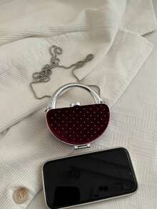 Velvet Rhinestone Embellished Luxury Fashion Mini Clutch Bag, Suitable For Evening Party, Date, Wedding, Holds Lipstick And Other Items - Burgundy - View 5