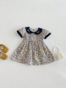 Miniweenns 1件女婴休闲碎花拼接领刺绣短袖连衣裙，夏季 - 藏蓝色 - 查看 11