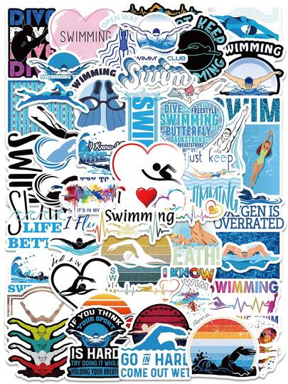53 Pcs Swimming Stickers Set, Multi-Style Waterproof Decals, Dynamic Strokes & Funny Slogans, For Swim Lovers' Gear & Daily Decor, Scrapbook Supplies