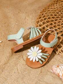 Girls' Sandals, New Summer Soft Bottom Hook And Loop Daisy Open Toe Cute Little Girl Princess Shoes - Green - View 3