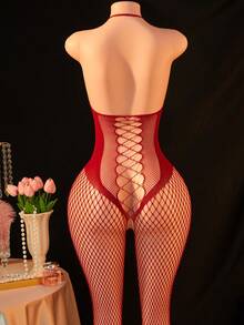 1pc Women Sexy Lingerie Fishnet Cut-Out Crotchless Body Stocking Halter Sheer Mesh Lingerie - Burgundy - View 5
