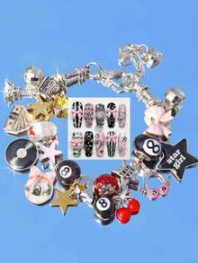 1pc Music Star Girl Charm Bracelet, Black Lucky Bracelet, Disco Ball Music Bracelet, Music Festival Headphone Guitar Bracelet, Retro Bow Bracelet - Silver - View 3