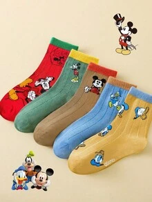 Disney 5双复古主题儿童袜子，男童卡通风格中筒袜，女童透气短袜 - 彩色 - 查看 12