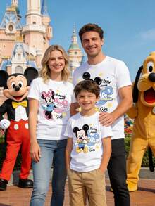 Vintage American, 200g, T-Shirt, Disney, Mickey & Minnie, Space Theme,  Family Matching Tees, Family Of Three - Áo trắng nữ - Xem 1
