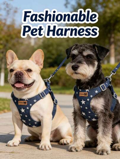 Denim Dog Harness Leash Set, Star Pattern Suitable For Small & Medium Dogs, Denim Jacket Outfit For Poodle, Corgi, Puppy Pet Supplies