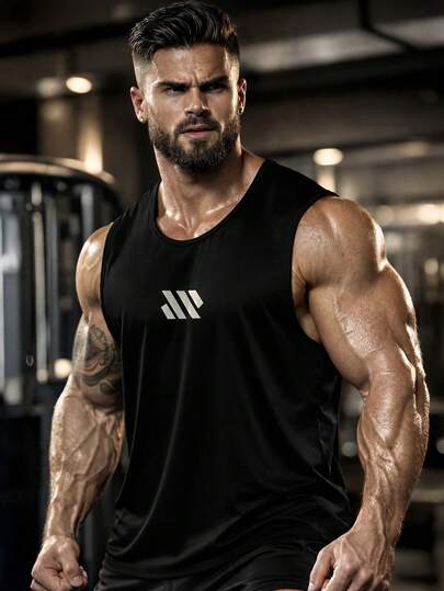 Men's Solid Color Sleeveless Fitness Tank Top, Muscle Fit Activewear Vest