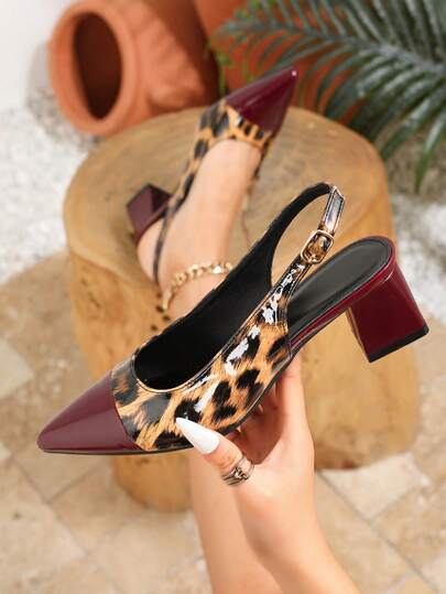 Sandalias de tacón alto de punta elegante, bombas de tacón grueso con estampado de leopardo de bloque de color y correa de tobillo para exteriores, adecuadas para vacaciones de primavera/verano, fiestas y banquetes