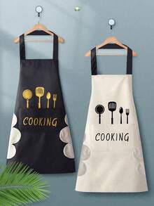 1/2pcs Women Kitchen Print Apron With Hand Wipe Pockets,Big Pocket,Hand-Wiping,Waterproof Thickened Cute For Housework Cooking Baking,Suitable For Chef,Gardener,Baker,Florist,Painter,Barista,Uniforms,Kitchen Stuff,Black And White Printed Apron - Đen và trắng - Xem 2