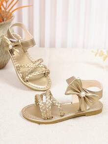 2026 New Arrival Summer Gold Woven Criss-Cross Pearl Bow Sandals - Gold - View 7