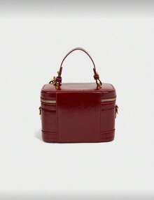 Elegant Chic Solid Color PU Leather Portable Square Bag, Mini PU Bag, Waterproof Burgundy Fabric Bag, Letter Graphic Decor Design Box Bag, Suitable For Travel, Shopping, Party, Commuting, Fashionable Burgundy Bag, Red Bag , Burgundy Bag - 酒紅色 - 查看 4