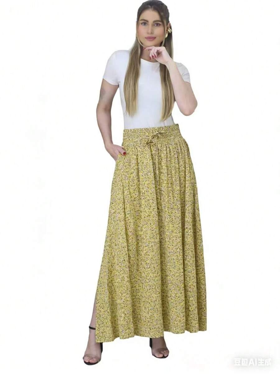 Steve Store Women's Fashion Floral Skirt Made Of Viscose Linen Fabric With Lining, Featuring Pockets And Side Slits, And An Elasticated Waistband. - 黃色的 - 查看 1
