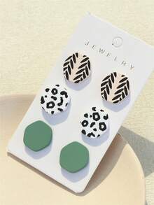 3 Pairs Geometric Hexagon, Leopard Print, Leaf Pattern Acrylic Earrings, Personalized Design, Elegant Quality For Women - Multicolor - View 4
